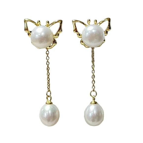 18K Gold Plated Reversible Butterfly With White Freshwater Pearl Dangle Earrings - Picture 14 of 14